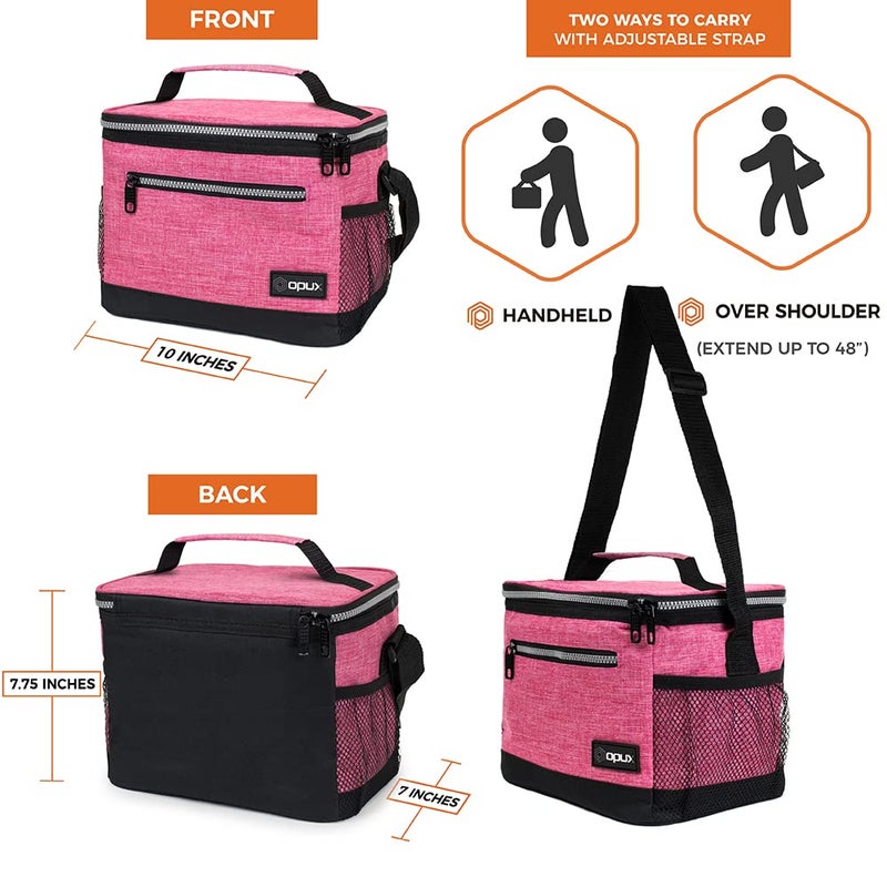 opux Insulated Lunch Box Men Women, Lunch Bag for Work School, Leakproof Soft Cooler Tote Adult, Large Lunch Pail Kids Boys Girls, Picnic Beach Food Bag with Shoulder Strap, Pink - Image 3